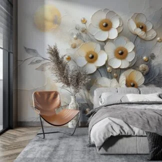 Modern Floristik: Metalik Çiçek Desenli Duvar Kağıdı