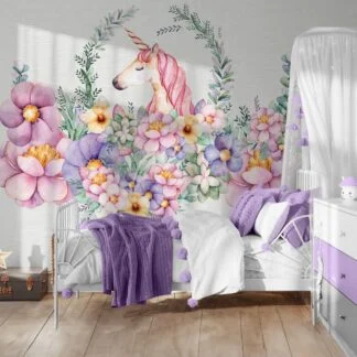 Unicorn Çiçekli Çocuk Odası Duvar Kağıdı